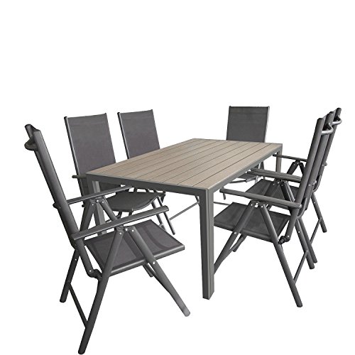 Wohaga 7tlg. Gartenmöbel Terrassenmöbel Set Gartengarnitur Sitzgruppe Alu/Polywood Gartentisch 150x90cm Schwarz/Braun-Grau + 6X Hochlehner klappbar 2x2 Textilenbespannung