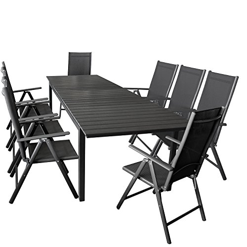 Wohaga 9er Gartenmöbel Set ausziehbarer Aluminium Gartentisch mit Polywood-Tischplatte 280/220x95cm Schwarz + 8X Hochlehner mit 2x2 Textilengewebe, Rückenlehne 7-Fach verstellbar