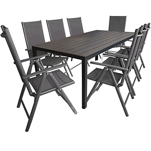 Wohaga 9tlg. Gartengarnitur Gartenmöbel Terrassenmöbel Set Sitzgruppe Aluminium Gartentisch Polywood 205x90cm Schwarz + 8X Hochlehner 2x2 Textilen Grau