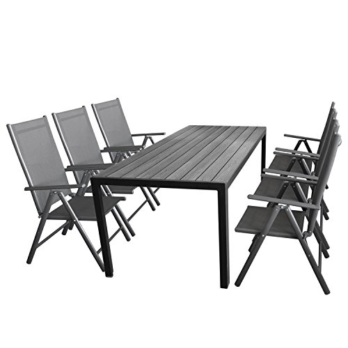Wohaga Gartenmöbel-Set 7tlg. Sitzgarnitur mit Aluminium, Polywood Gartentisch + 6X verstellbare Aluminium Hochlehner mit Komfortbespannung Anthrazit