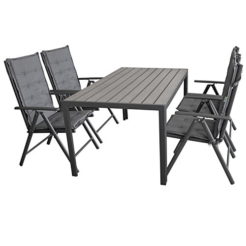 Wohaga Gartenmöbel-Set Gartentisch, Aluminiumrahmen Anthrazit, Tischplatte Polywood Grau, 150x90cm + 4X Hochlehner, 2x2 Textilenbespannung, Lehne 7-Fach verstellbar + 6X Stuhlauflage