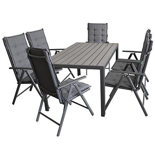 Wohaga Gartenmöbel-Set Gartentisch, Aluminiumrahmen Anthrazit, Tischplatte Polywood Grau, 150x90cm + 6X Hochlehner, 2x2 Textilenbespannung, Lehne 7-Fach verstellbar + 6X Stuhlauflage