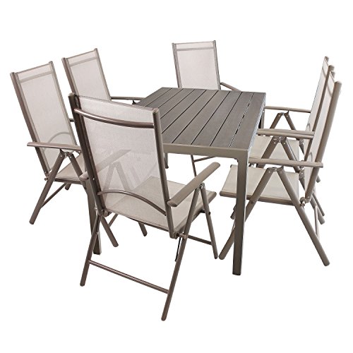 Wohaga Gartenmöbel Set Gartentisch, Aluminiumrahmen Champagnerfarben, Polywoodtischplatte, 150x90cm + 6X Hochlehner, Aluminiumgestell, Textilenbespannung, Rückenlehne 7fach verstellbar, Champagner