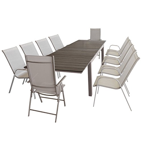 Wohaga Gartenmöbel-Set ausziehbarer Aluminium Gartentisch mit Polywood Tischplatta 160/210/260x95cm + 8X Stapelstuhl mit Textilenbespannung + 2X Alu Hochlehner mit 7fach Verstellbarer Rückenlehne