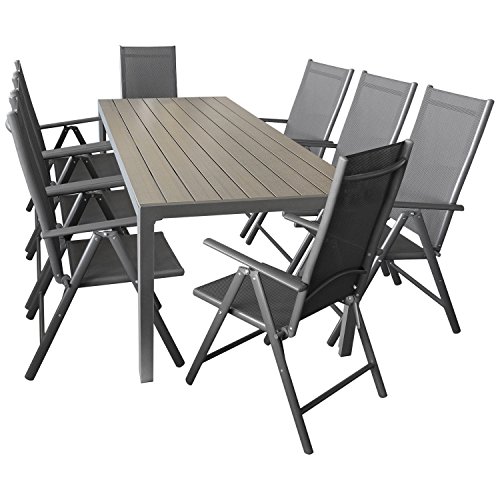 Wohaga Sitzgarnitur Sitzgruppe Gartengarnitur Gartenmöbel Terrassenmöbel Set 9-teilig - Gartentisch, Aluminium, Polywood-Tischplatte, 205x90cm + 8X Hochlehner, klappbar, 2x2 Textilen