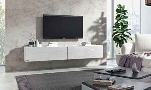 Wuun® TV Board hängend/8 Größen/5 Farben/140cm Matt Weiß- Weiß-Hochglanz/Lowboard Hängeschrank Hängeboard Wohnwand/Hochglanz & Naturtöne/Somero
