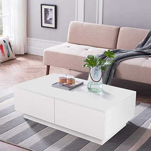 Couchtisch Wohnzimmertisch Hochglanz Weiß mit 4 Schubladen Modern Design Sofatisch Kaffeetisch Tisch Holz für Wohnzimmer Büro Wohnzimmermöbel 95 x 60 x 31 cm