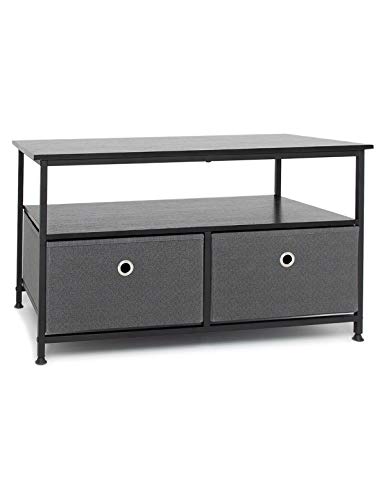 Suhu Couchtisch mit 2 Schubladen aus Stoff und Offenem Fach Sofatisch Beistelltisch Klein Quadratisch Metall TV Schrank Modern Industrial Stahl+Holz Grau+Schwarz