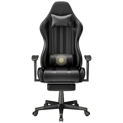Soontrans Gaming Stuhl Massage Gaming Sessel mit Vibration Massage Lendenkissen, Fußstütze, Kopfstütze, Ergonomisch Gaming Stuhl Gamer Stuhl für YouTube Livestreaming Xbox (Schwarz)