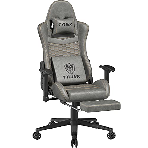 TYLINK Gaming Stuhl, Gaming Chair mit fußstütze Zocker Gamer Ergonomischer Stühle Einstellbarer Schreibtischstuhl Computerstuhl- Schaukel Modus PU Stoff Grau (Grau)