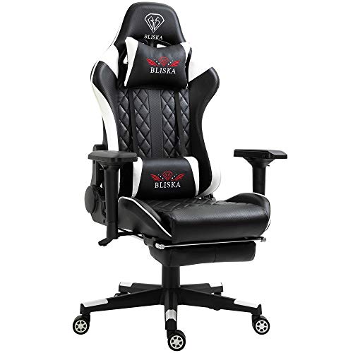 Gaming Stuhl mit Fußstütze und ergonomsichen 4D-Armlehnen - Gaming Chair in Sportsitz Optik - Gamer Stuhl mit verstellbaren Rückenstützkissen für gesündere Sitzhaltung, Farbe:Schwarz/Weiß