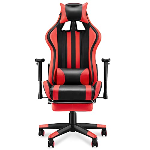 Soontrans Gaming Stuhl mit Fußstütze & Wippfunktion, Schaumstoff Gepolstert, Gaming Sessel 150kg Belastbarkeit, Armlehnen Höhenverstellbar, Geeignet für Xbox Playstation PP Live-Stream (Rot)