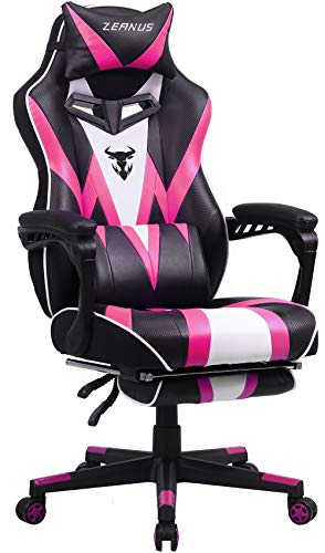 Zeanus Gaming Stuhl Rosarot Liegender Design Gamer Stuhl Drehstuhl mit Massage Zocker Stuhl mit Fußstütze Computerstuhl Mädchen PC-Stuhl Racing Ergonomisch Gamer Chair Sessel Videospielstuhl E-Sport