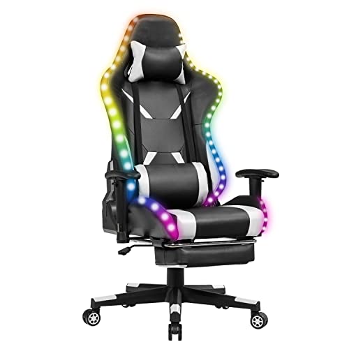 COSTWAY 360°drehbarer Gaming Stuhl mit 358 Lichtmodi, PC Stuhl mit Verstellbarer Armlehne, Rückenlehne und Fußstütze, Racingstuhl inkl. Fernbedienung, Kopf- und Lendenwirbelkissen (White)