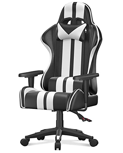 bigzzia Gaming Stuhl Ergonomisch Computerstuhl - Gamer Stühle mit Lendenkissen + Kopfstütze Höhenverstellbar Gaming Chair Bürostuhl für Erwachsene Mädchen Junge, Aufgerüstete Version (Schwarz-Weiß)