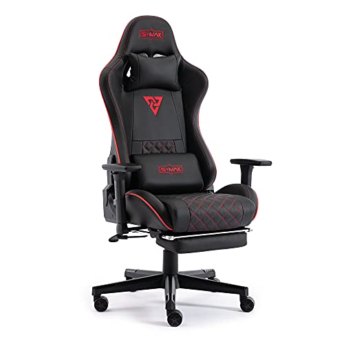 S*MAX Gaming Stuhl mit Fußstütze Verdickter Sitz Gamer Stuhl mit 3D Armlehne und Lendenwirbelstütze aus PU Leder Racing Style PC Stuhl Videospielstühle mit hoher Rückenlehne für Erwachsene Schwarz