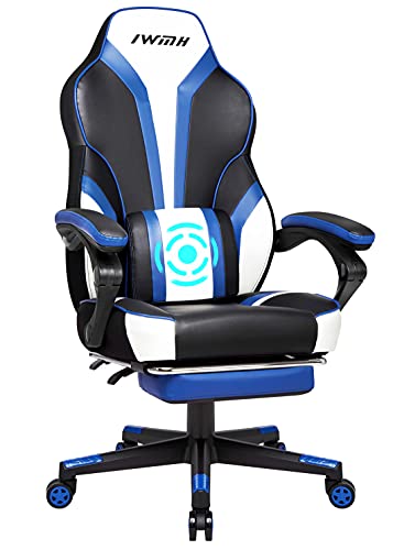 IntimaTe WM Heart Gamingstuhl,Racingstuhl mit hoher Rückenlehne,Ergonomischer Gaming Stuhl mit Massage-Lendenstütze,Schreibtischstuhl Drehstuhl mit klappbarer Fußstütze, Blau