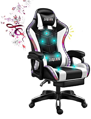 SAVELO Gaming-Stuhl mit LED-Licht/Professioneller Gaming-Stuhl mit Bluetooth-Lautsprecher Ganzkörpermassagegerät Lendenwirbelstütze und Bluetooth-Lautsprecher Videospielstuhl(Color: Black and White)