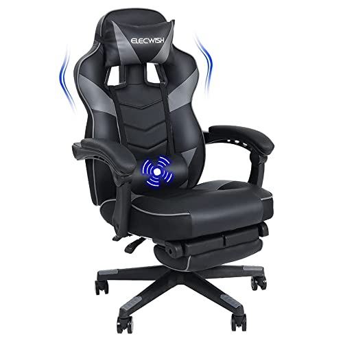 PULUOMIS Gaming Stuhl, Bürostuhl mit Fußstütze, Racing Stuhl Gaming, PC-Stuhl, Drehbar Hochenverstellbar, 90-150° Rückenlehne Verstellbar, Abnehmbare Kopfstütze, Lendenkissen, Ergonomisch, Grau