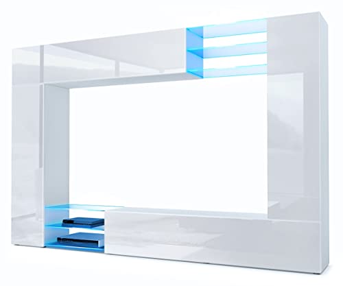 Vladon Wohnwand Mirage, Anbauwand mit Rückwand mit 2 Türen, 2 Klappen und 6 offenen Glasablagen, Weiß matt/Weiß Hochglanz, inkl. LED-Beleuchtung (262 x 183 x 39 cm)