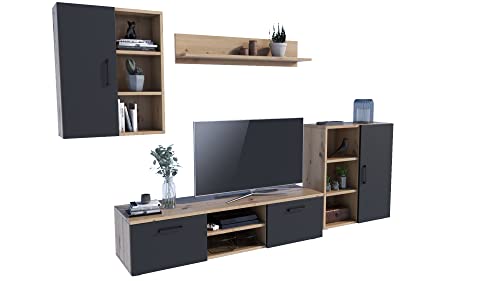 MATKAM Wohnwand Dedal, Schrankwand Wohnzimmer Modern, Wohnzimmerschrank mit Fernsehtisch Komplett Möbel (Artisan Eiche-Schwarz)