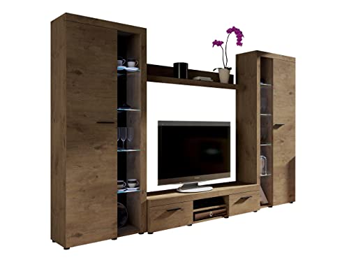 Wohnwand Rango XL, Modernes Wohnzimmer Set, Design Anbauwand, Schrankwand, Mediawand, Vitrine, TV Lowboard, (Lefkas Eiche, mit weißer LED Beleuchtung)