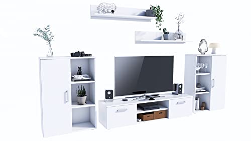 MATKAM Wohnwand Herkules II, Schrankwand Wohnzimmer Modern, Wohnzimmerschrank mit Fernsehtisch, Sideboard und Wandregal Wohnzimmer Komplett Möbel (White)