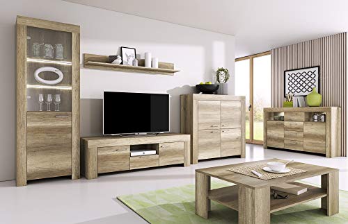 Furniture24 Wohnzimmer Set Wohnwand Sky Tv Schrank Vitrine Hängeregal Kommode Sideboard Couchtisch (Country Grau)