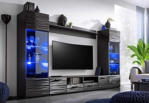 BIM Furniture Wohnwand MODIC 260 cm Anbauwand Wohnzimmer- Set Vitrine Lowboard schwarz Hochglanz LED