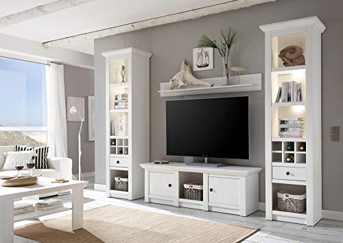 Newfurn Wohnwand Anbauwand Landhaus Wohnzimmerschrank Wohnlandschaft Mediawand Fernsehschrank II 268x207x 17-45 cm (BxHxT) II [Max.one Compact] in Pinie Weiß/Pinie Weiß Wohnzimmer