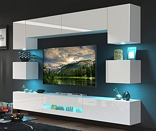 Furnitech BESTA Möbel Schrankwand Wandschrank Wohnwand Mediawand mit Led Beleuchtung Wohnzimmer (LED RGB (16 Farben), DAN1-17W-HG2 1B)