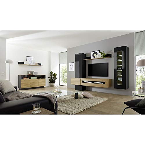 Wohnwand Mediawand Komplett Set mit Sideboard, Hochglanz schwarz, Eiche hell, MDF-Fronten, Stauraumelemente, Lowboard, Vitrine, Wandregal, LED-Beleuchtung