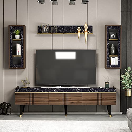 Homidea KARYA Wohnwand – Wohnzimmer TV Set – TV Schrank – TV Lowboard – Fernsehtisch - TV Möbel mit 3 Türen in modernem Design (Nussbaum/Marmor)