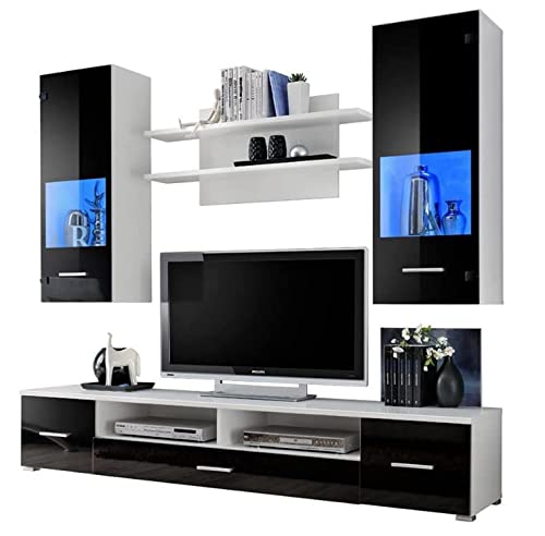 KRYSPOL Wohnwand Reno Anbauwand, Wohnzimmer-Set, Modern Design (Weiß Matt/Schwarz Glanz)