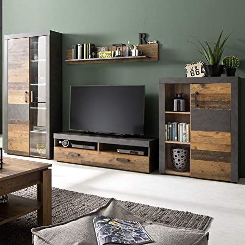 trendteam smart living Wohnzimmer 4-teilige Set Kombination Indy, 343 x 189 x 40 cm in Korpus Graphit Grau, Front Old Wood NB mit viel Stauraum